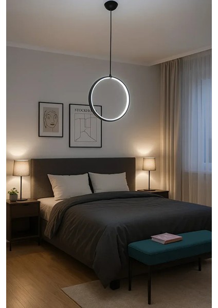 Modern Siyah LED Halka Avize – Yatak Odası ve Salon Için Tekli Sarkıt Aydınlatma