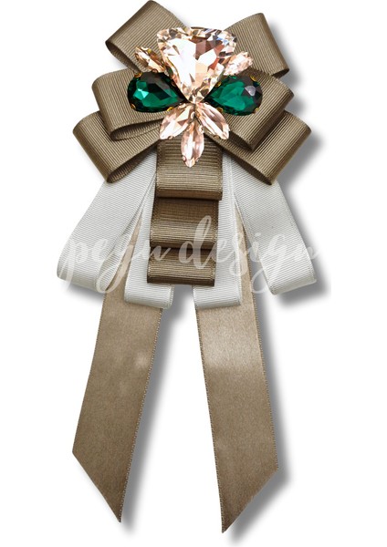 Shine Seri Kahve Ekru Yeşil Grogren Kurdele Kurdele Taşlı Yaka Çiçeği Broş Okul,iş,şal,gömlek