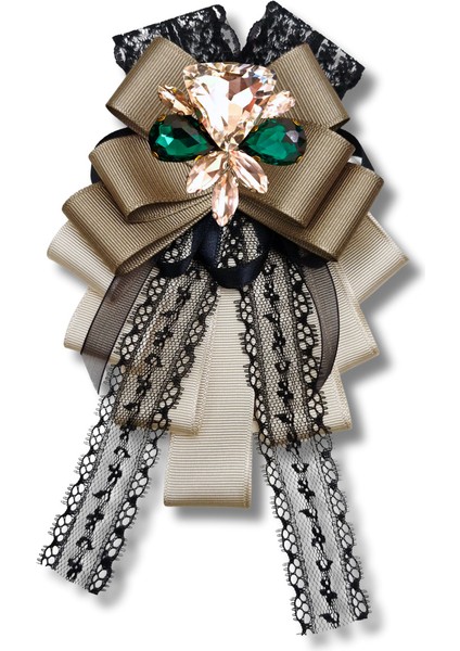 Shine Seri Kahve Ekru Yeşil Grogren Kurdele Kurdele Taşlı Yaka Çiçeği Broş Okul,iş,şal,gömlek