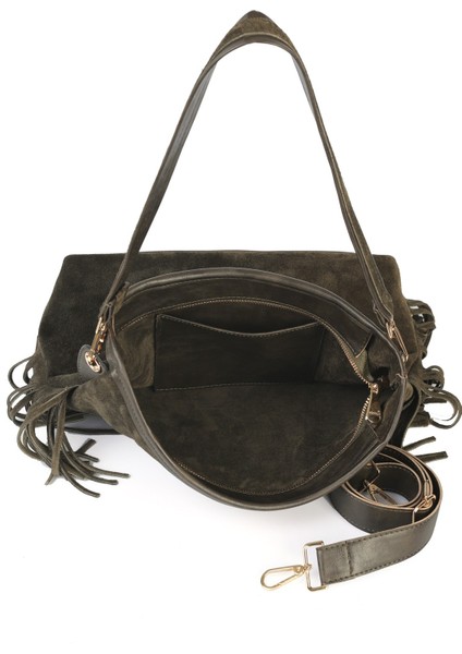 Merilda Püskül Detaylı Deri Süet Omuz Çantası modelleri