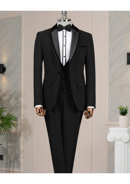 İtalyan kesim slim fit ceket yelek pantolon damatlık set Siyah T4547