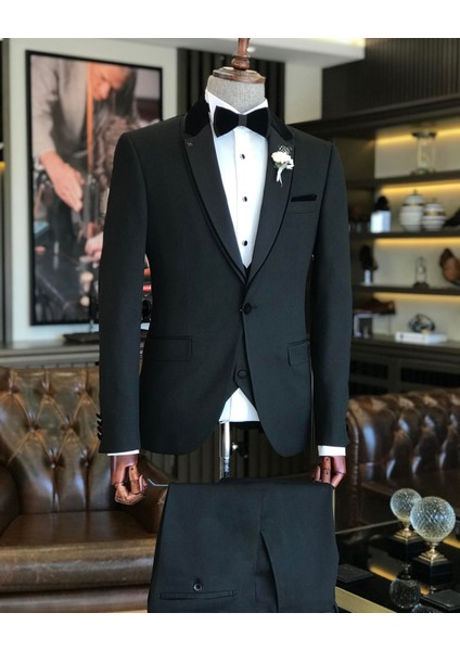 İtalyan kesim slim fit ceket yelek pantolon damatlık set Siyah T4547 fırsatları