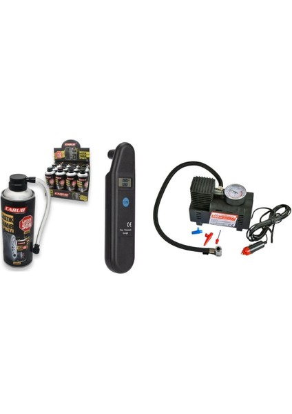 3’lü Lastik Yol Yardım Seti – Basınç Ölçer + Kompresör + Tamir Kiti