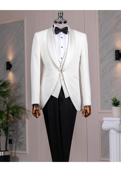 Italyan Stil Slim Fit Şal Yaka Ceket Yelek Pantolon Damatlık Set Beyaz T13695