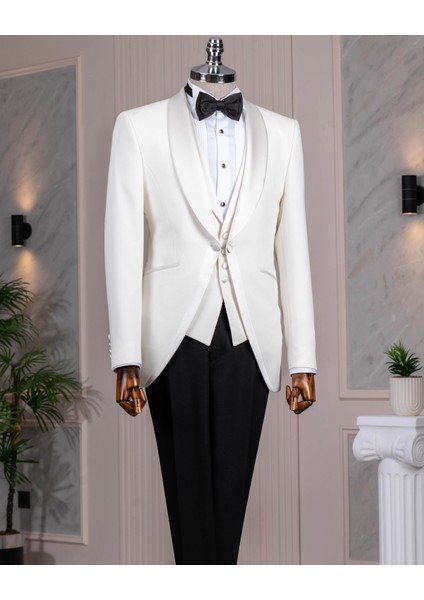 Italyan Stil Slim Fit Şal Yaka Ceket Yelek Pantolon Damatlık Set Beyaz T13695 fiyatları