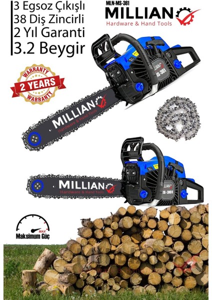 MLN-MS-362 Ağaç Motoru Benzinli Testere Ağaç Odun Dal Kesme Makinası Zincirli Hızar +1 Zincir Hediye