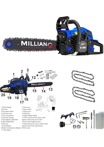 MLN-MS-362 Ağaç Motoru Benzinli Testere Ağaç Odun Dal Kesme Makinası Zincirli Hızar +1 Zincir Hediye fiyatları