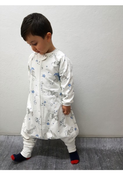 Uzun Kollu Kışlık Çocuk Bebek Uyku Tulumu %100 Pamuk Özel Tasarım 20-24° Mavi Fil Desenli