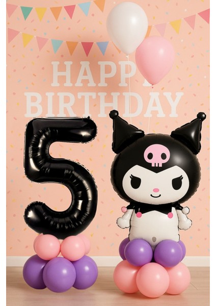 1- 9 Yaş Kuromi Doğum Günü Balon Seti Karakter Balon Siyah Rakam Pembe Mor Pastel Balon Videolu Kolay Kurulum