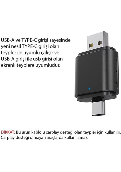 Powermaster PM-27447 Kablosuz Carplay - Android Auto Çevirici Dönüştürücü Adaptör Iki Girişli USB - Type-C modelleri