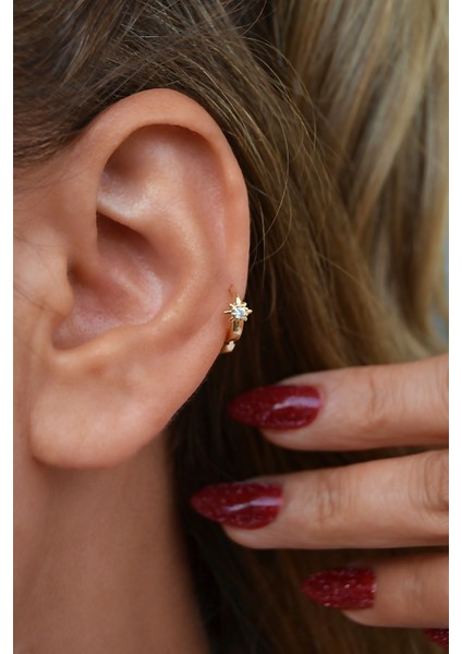 Gold Kutup Yıldızı Tasarımlı, Rodyum Kaplama Zirkon Taşlı Halka Tragus ve Helix Kıkırdak Küpesi