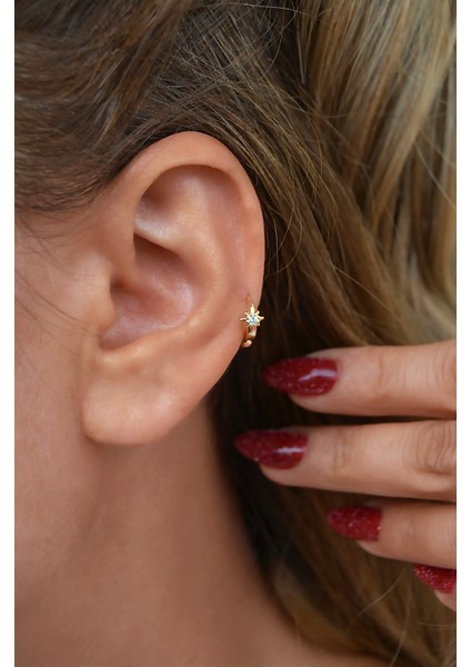 Gold Kutup Yıldızı Tasarımlı, Rodyum Kaplama Zirkon Taşlı Halka Tragus ve Helix Kıkırdak Küpesi modelleri