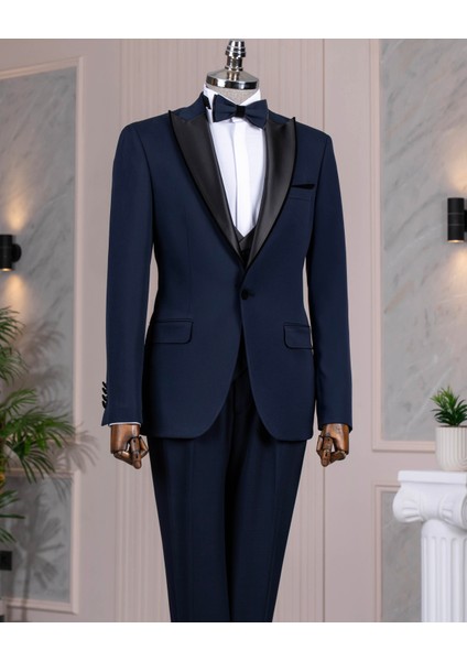 Italyan Stil Şal Yaka Ceket Yelek Pantolon Damatlık Set Lacivert T14272