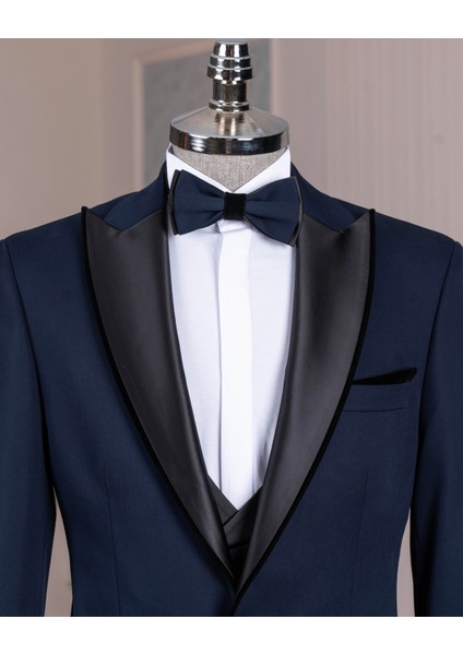 Italyan Stil Şal Yaka Ceket Yelek Pantolon Damatlık Set Lacivert T14272 fiyatları