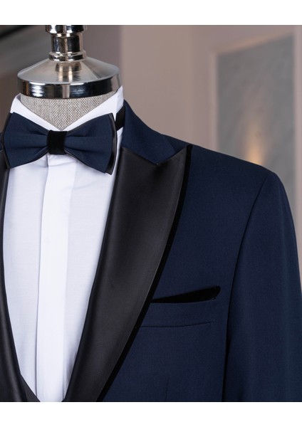 Italyan Stil Şal Yaka Ceket Yelek Pantolon Damatlık Set Lacivert T14272 modelleri