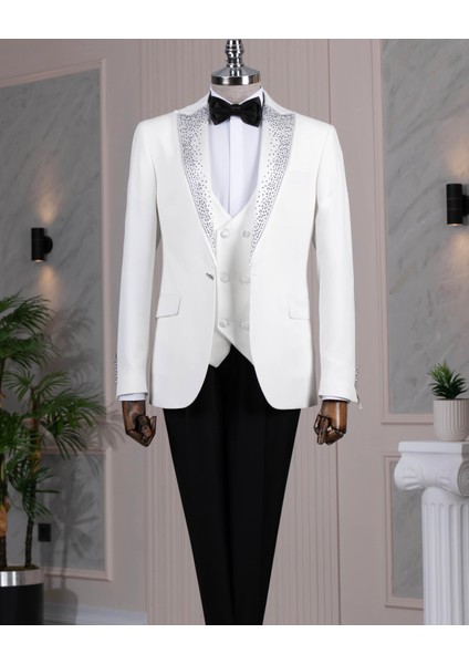 İtalyan stil slim fit taşlı ceket yelek pantolon damatlık set beyaz T14531
