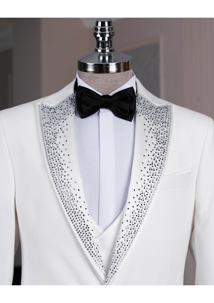 İtalyan stil slim fit taşlı ceket yelek pantolon damatlık set beyaz T14531 fiyatları