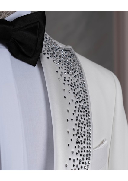 İtalyan stil slim fit taşlı ceket yelek pantolon damatlık set beyaz T14531 modelleri