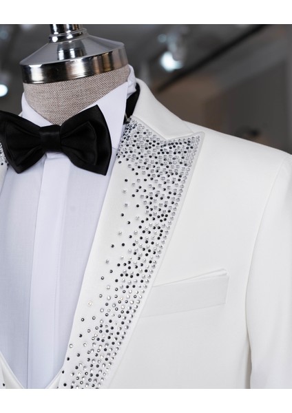 İtalyan stil slim fit taşlı ceket yelek pantolon damatlık set beyaz T14531 fırsatları