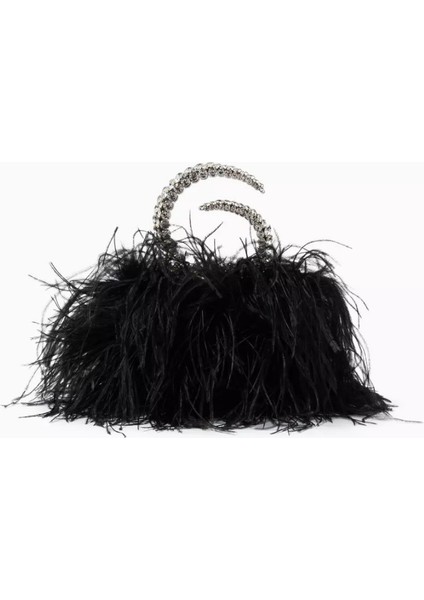 Karma Feather Clutch Siyah Tüy Kaplama & Kristal Saplı Zarif Gece Çantası