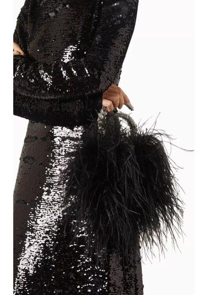 Karma Feather Clutch Siyah Tüy Kaplama & Kristal Saplı Zarif Gece Çantası modelleri
