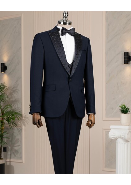 Italyan Stil Slim Fit Sivri Yaka Taşlı Ceket Yelek Pantolon Damatlık Set Lacivert T14533
