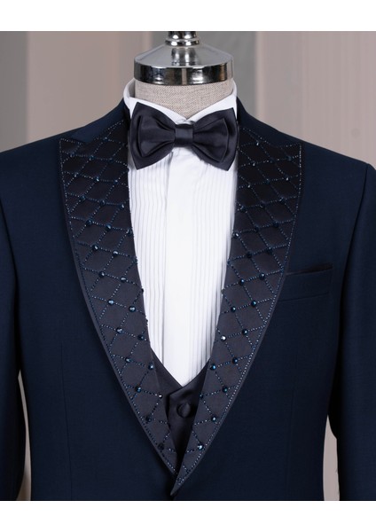 Italyan Stil Slim Fit Sivri Yaka Taşlı Ceket Yelek Pantolon Damatlık Set Lacivert T14533 fiyatları