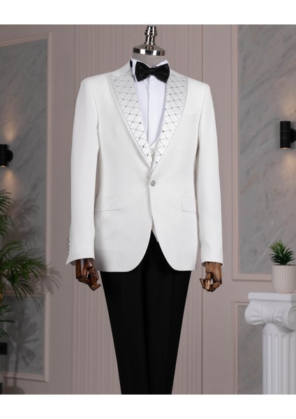 İtalyan stil slim fit taşlı ceket yelek pantolon damatlık set beyaz T14534