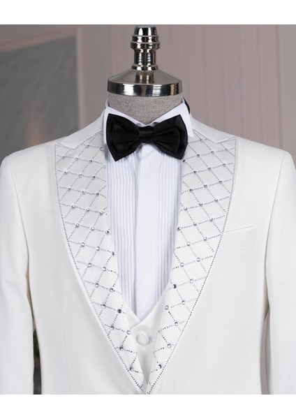 İtalyan stil slim fit taşlı ceket yelek pantolon damatlık set beyaz T14534 fiyatları