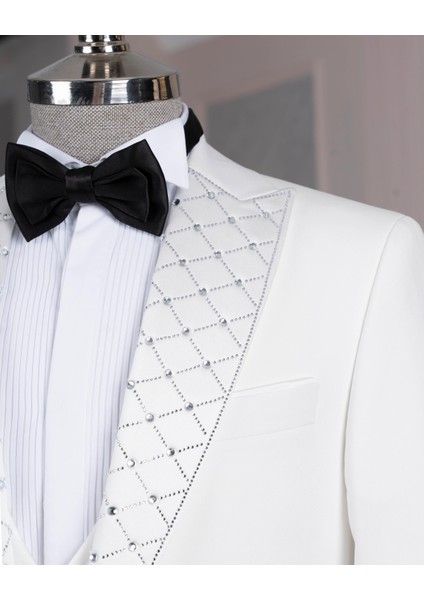 İtalyan stil slim fit taşlı ceket yelek pantolon damatlık set beyaz T14534 modelleri