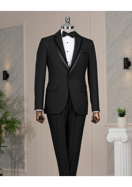 Italyan Stil Şal Yaka Ceket Yelek Pantolon Damatlık Set Siyah T14270