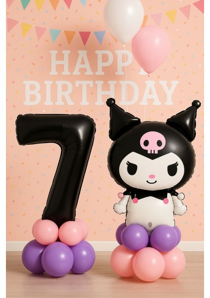 1- 9 Yaş Kuromi Doğum Günü Balon Seti Karakter Balon Siyah Rakam Pembe Mor Pastel Balon Videolu Kolay Kurulum