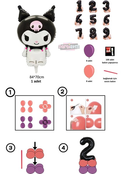1- 9 Yaş Kuromi Doğum Günü Balon Seti Karakter Balon Siyah Rakam Pembe Mor Pastel Balon Videolu Kolay Kurulum fiyatları