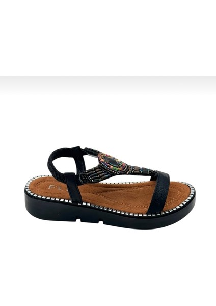 Siyah Ithal Taşlı Sandalet