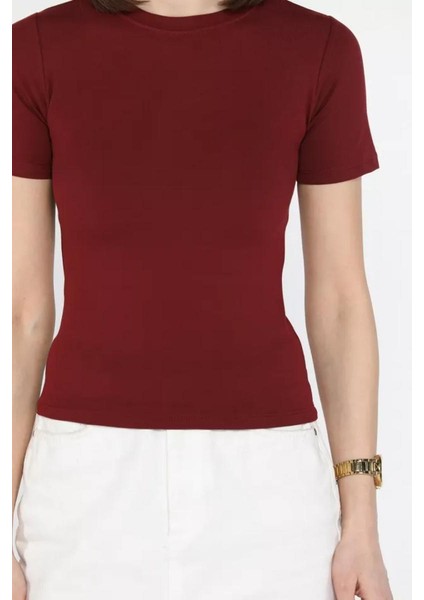 Kadın Kısa Kollu Bisiklet Yaka Basic Viscon Likralı Body
