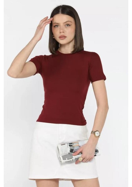 Kadın Kısa Kollu Bisiklet Yaka Basic Viscon Likralı Body fırsatları
