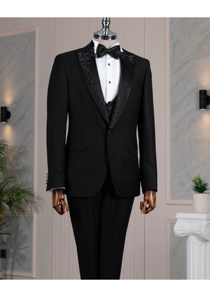 Italyan Stil Slim Fit Sivri Yaka Taşlı Ceket Yelek Pantolon Damatlık Set Siyah T14529
