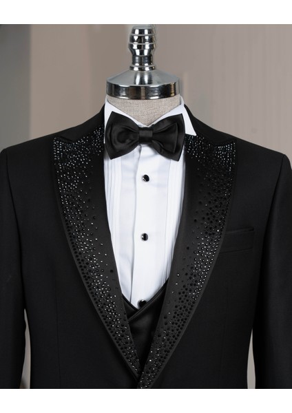 Italyan Stil Slim Fit Sivri Yaka Taşlı Ceket Yelek Pantolon Damatlık Set Siyah T14529 fiyatları