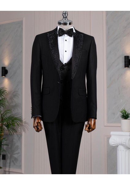 Italyan Stil Slim Fit Sivri Yaka Taşlı Ceket Yelek Pantolon Damatlık Set Siyah T14529 fırsatları