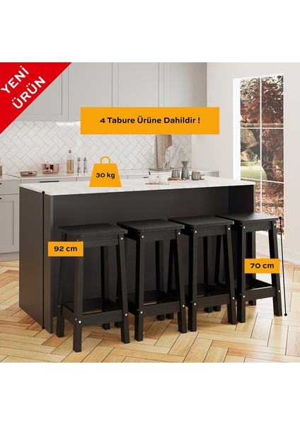 Kahlo G4631 4ADET Siyah Tabure Mutfak Ada 160CM Carrara Mermer Desen Antrasit Bar Masa Kapaklı Dolap fırsatları