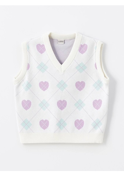 Lcw Kids Ekru V Yaka Desenli Kız Çocuk Triko Süveter