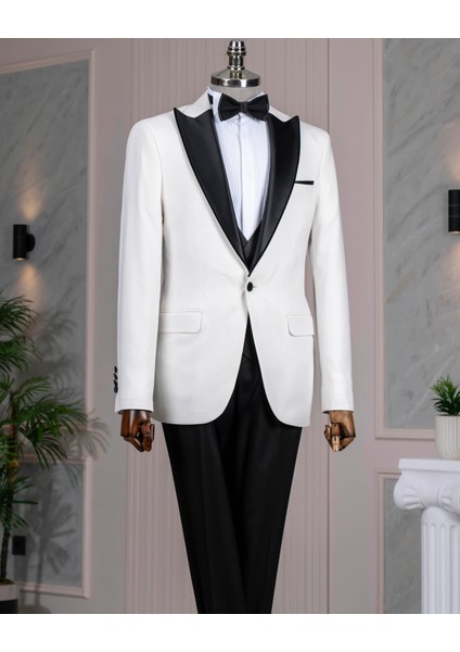 Italyan Stil Slim Fitı Ceket Yelek Pantolon Damatlık Set Beyaz T14539