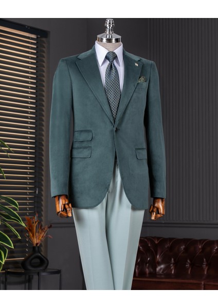 Terziademaltun Italyan Stil Kadife Erkek Tek Ceket Yeşil T11042