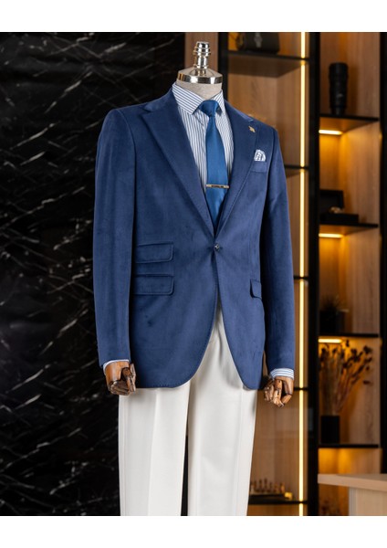 İtalyan stil mono yaka kadife erkek tek ceket saks T11045