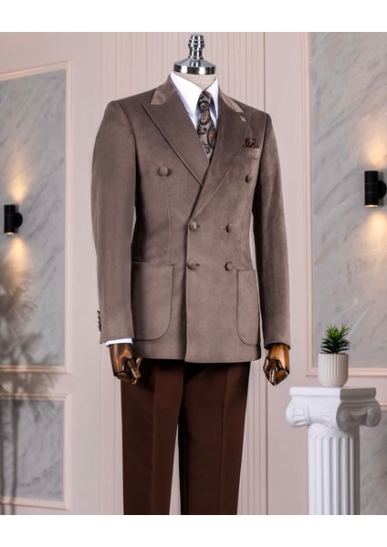 İtalyan stil kadife kruvaze erkek tek ceket Vizon T11031