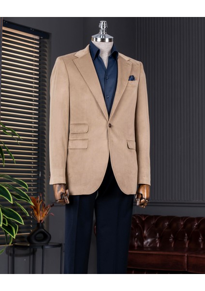 Terziademaltun Italyan Stil Kadife Erkek Tek Ceket Bej T11043