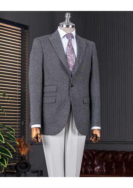 Italyan Stil Slim Fit Balıksırtı Desen Erkek Ceket Antrasit T13052