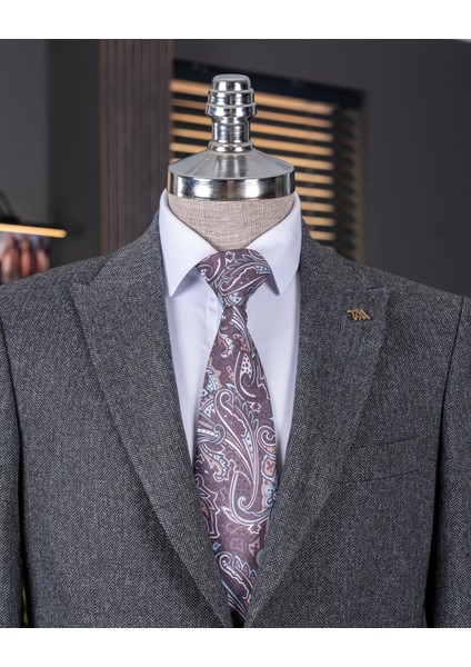 Italyan Stil Slim Fit Balıksırtı Desen Erkek Ceket Antrasit T13052 modelleri