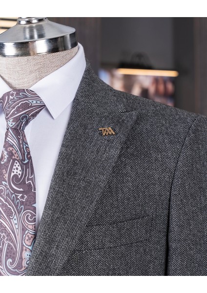 Italyan Stil Slim Fit Balıksırtı Desen Erkek Ceket Antrasit T13052 fırsatları