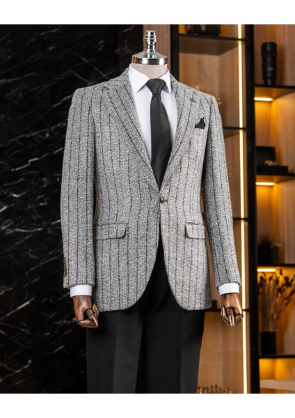 Italyan Stil Slim Fit Mono Yaka Erkek Tek Ceket Gri T13593
